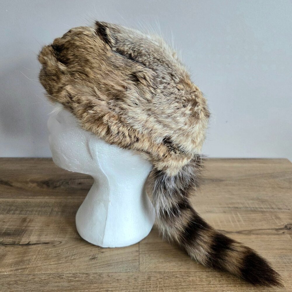 Vintage Davy Crockett Style Fur Hat Rabbitskin Racoon Tail - Picture 2 of 8